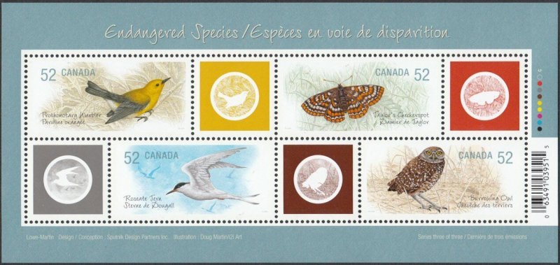 BUTTERFLY = OWL = TERN = WARBLER = Endangered species S/S Canada 2008 2285 MNH