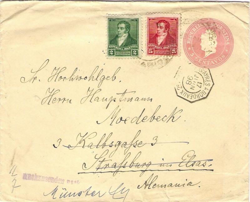 Argentina 1898 Postal Stationery Cover French PAQUEBOT Buenos Ayres a Bordeaux