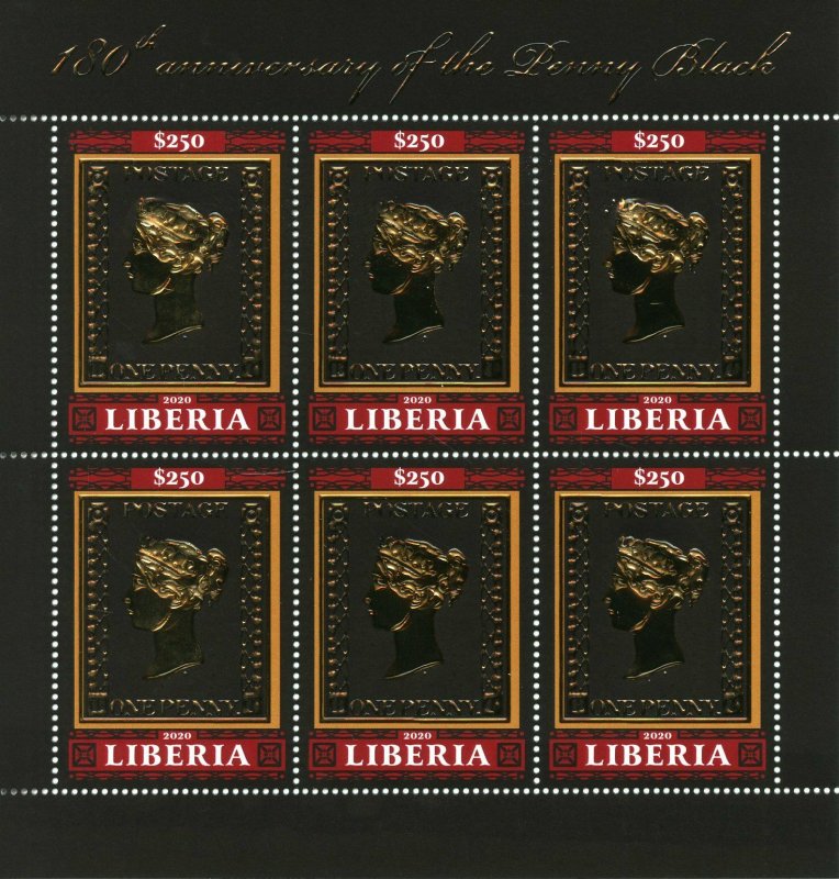 Liberia Stamps-on-Stamps Stamps 2020 MNH Penny Black 180th Anniv SOS 6v M/S 