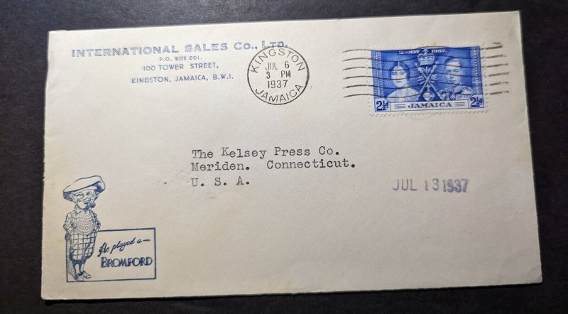 1937 Jamaica Cover Kingston to Meriden CT USA International Sales Bromford 3