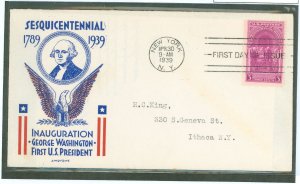 US 854 1939 3c First Inauguration Of George Washington (single) on an addressed (typed) FDC with a Clifford Cachet