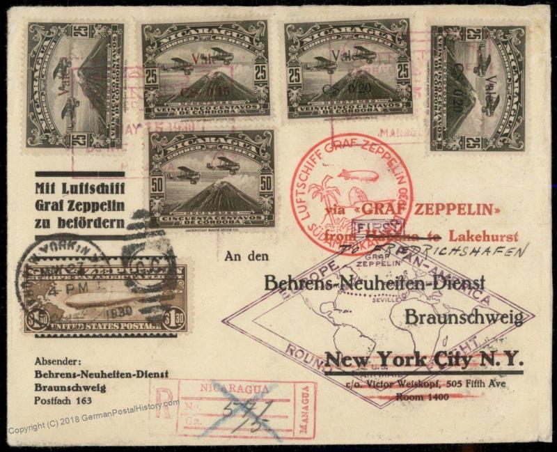 Nicaragua 1930 USA C14 2x-Franked Graf Zeppelin Sieger 64 IX Havana Cover 84158