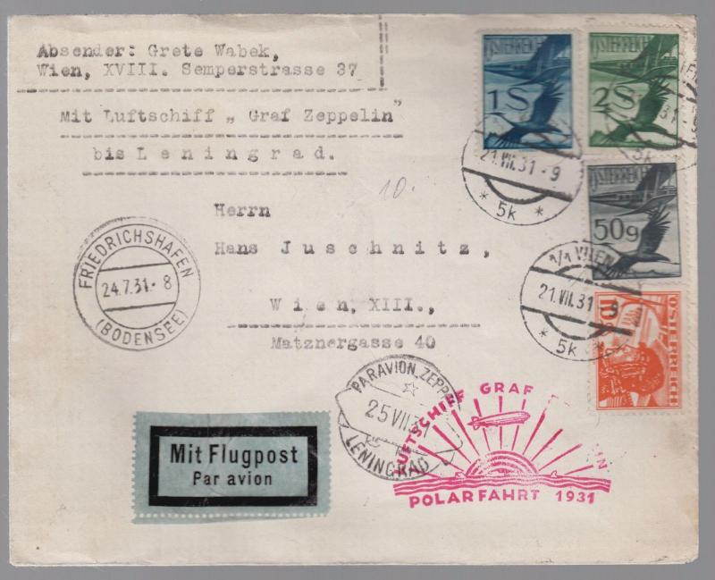 1931 Austria Graf Zeppelin Polar Flight LZ 127 Cover to Russia USSR