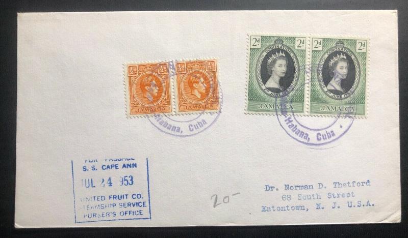 1953 Jamaica United Fruit Steamship Service SS Cape Ann Cover To Eatontown USA