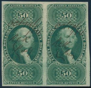 #R101a XF USED PAIR, IMPERF, 50¢ USIR STAMP CV $750.00 HV6819