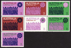 1971 Australia Christmas 1971 complete block of 7 MNH Sc# 508 a-g CV $45.00