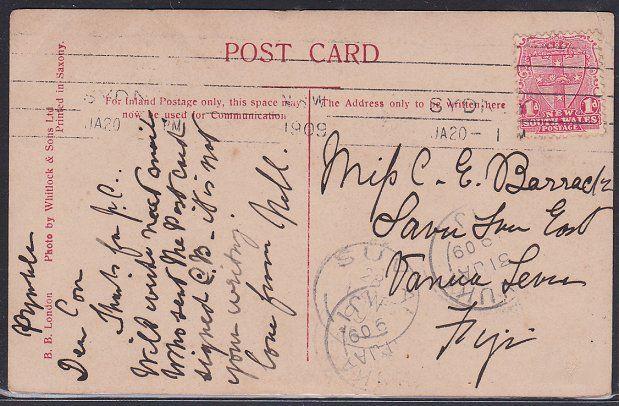 NEW SOUTH WALES 1909  postcard to Fiji with Suva arrival cds...............53783