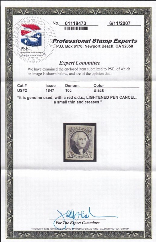 US #2 Used Single,  With Cert.