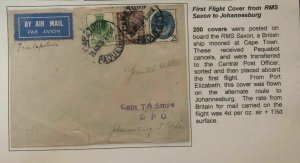 1929 Cape Town South Africa First Flight Cover To Johannesburg Posted RMS Saxaon