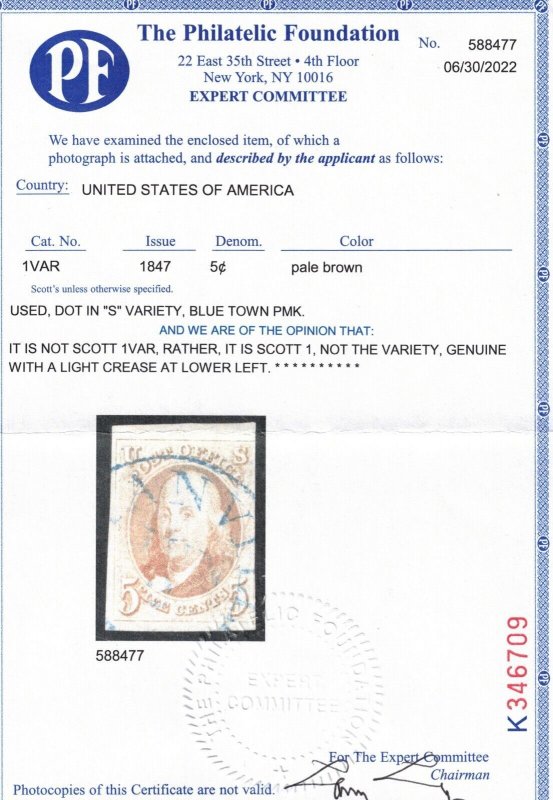 USA #1 Used Fine+ With Lovely Blue Town Postmark - Corner Crease **With Cert.** 