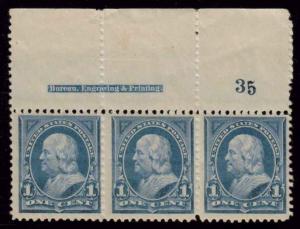 MALACK 247 F/VF OG NH, TOP  PLATE STRIP OF 3,  Nice! n4268