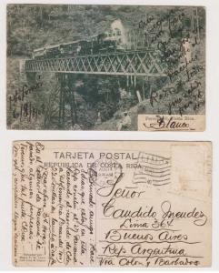 COSTA RICA 1908 PPC RAILROAD CROSSING BRIDGE P. LIMON VIA COLON TO ARGENTINA + 