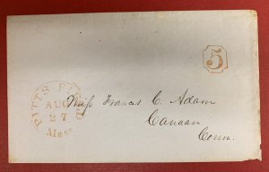 U.S., Stampless Cover, red PITTS FIELD, Mass. AUG 27, and 5c Rate Markings