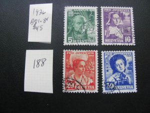 SWITZERLAND 1936 USED SC B81-84 SET VF/XF $45  (188)