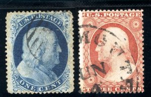 USAstamps Used FVF US Serie of 1857 Franklin Scott 24, 25 With Black Cancels