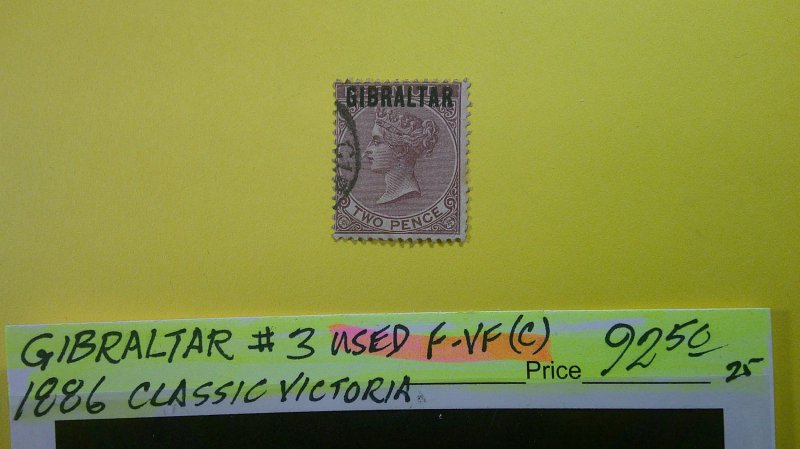 Gibraltar 1886 Victoria Classic Scott# 3 USED Fine-VF (C) Clear Face/OVPT.
