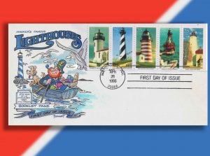 1990 Lighthouses Booklet Pane on Handcolored FDC - Bringing the Groceries Home!