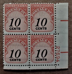 United States #J97 10c Postage Due MNH block of 4 plate #27694 (1959)