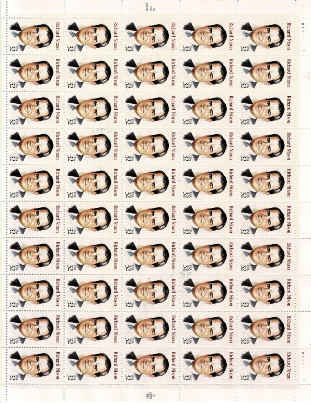 Richard Nixon 32c US Postage Sheet #2955 VF MNH