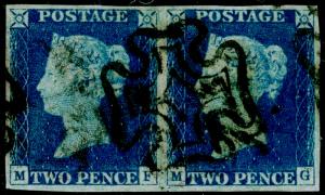 SG5, 2d blue, USED. Cat £2000. BLACK MX. PAIR. 4 MARGINS. MF MG