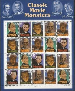 Classic Movie Monsters Collectible Sheet of Twenty 32 Cent Stamps Scott 3168