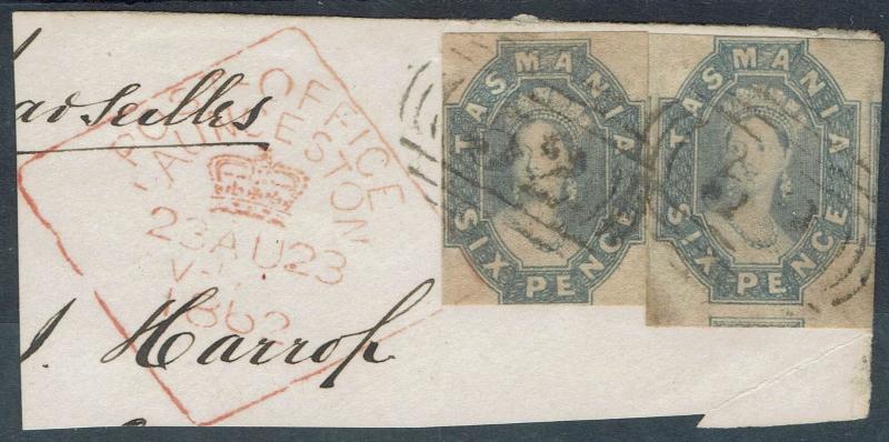 TASMANIA 1860 QV CHALON 6D IMPERF - 2 USED ON PIECE 