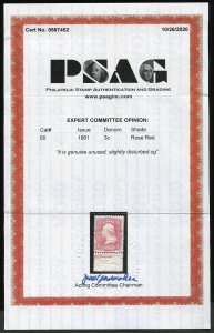 Scott #65 XF/Sup-Slightly disturbed OG. With 2020 PSAG certificate. Showpiece!