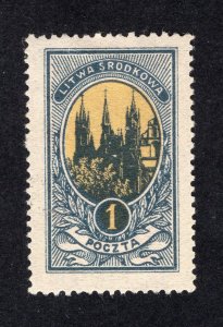 Central Lithuania 1921 dark gray & yellow Church, Scott 35 Perf 13.5 Variety MNG
