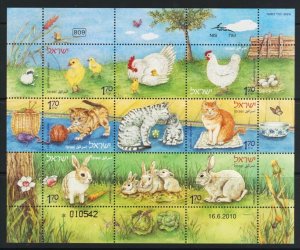 ISRAEL STAMPS 2010 ANIMALS & OFFSPRING SHEET CAT RABBIT CHICKEN FAUNA