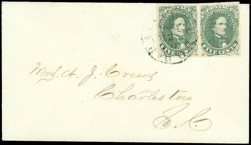 1862, CSA Confederate #1c (Olive Green) VF Pair on XF Cover, PF CERT DK-10-20-21