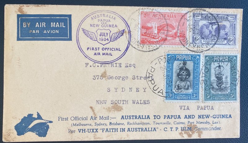 1934 Sydney Australia First Flight Airmail Cover FFC To Papua New Guinea