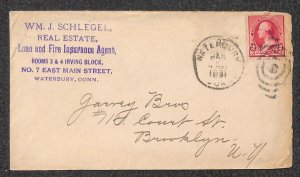220 STAMP SCHLEGEL REAL ESTATE FIRE WATERBURY CONNECTICUT ADVERTISING COVER 1891