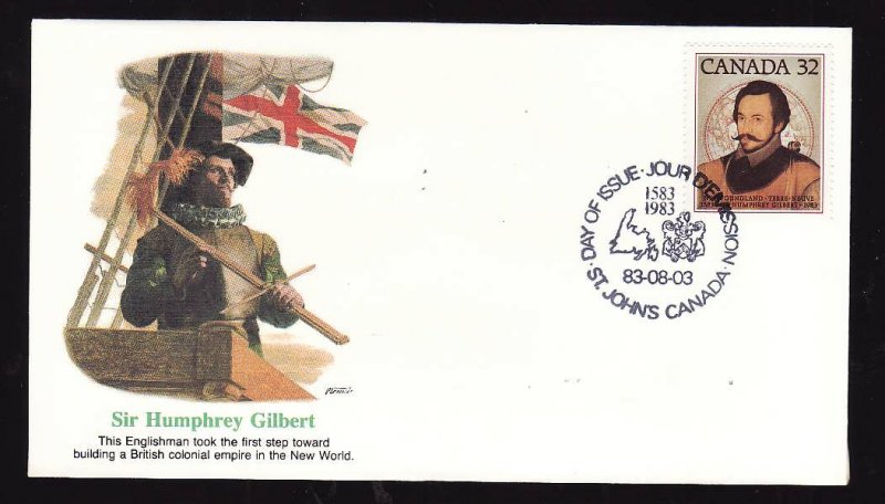 Canada-Sc#995-stamp on Fleetwood FDC-Sir Humphrey Gilbert-1983-colourful cachet