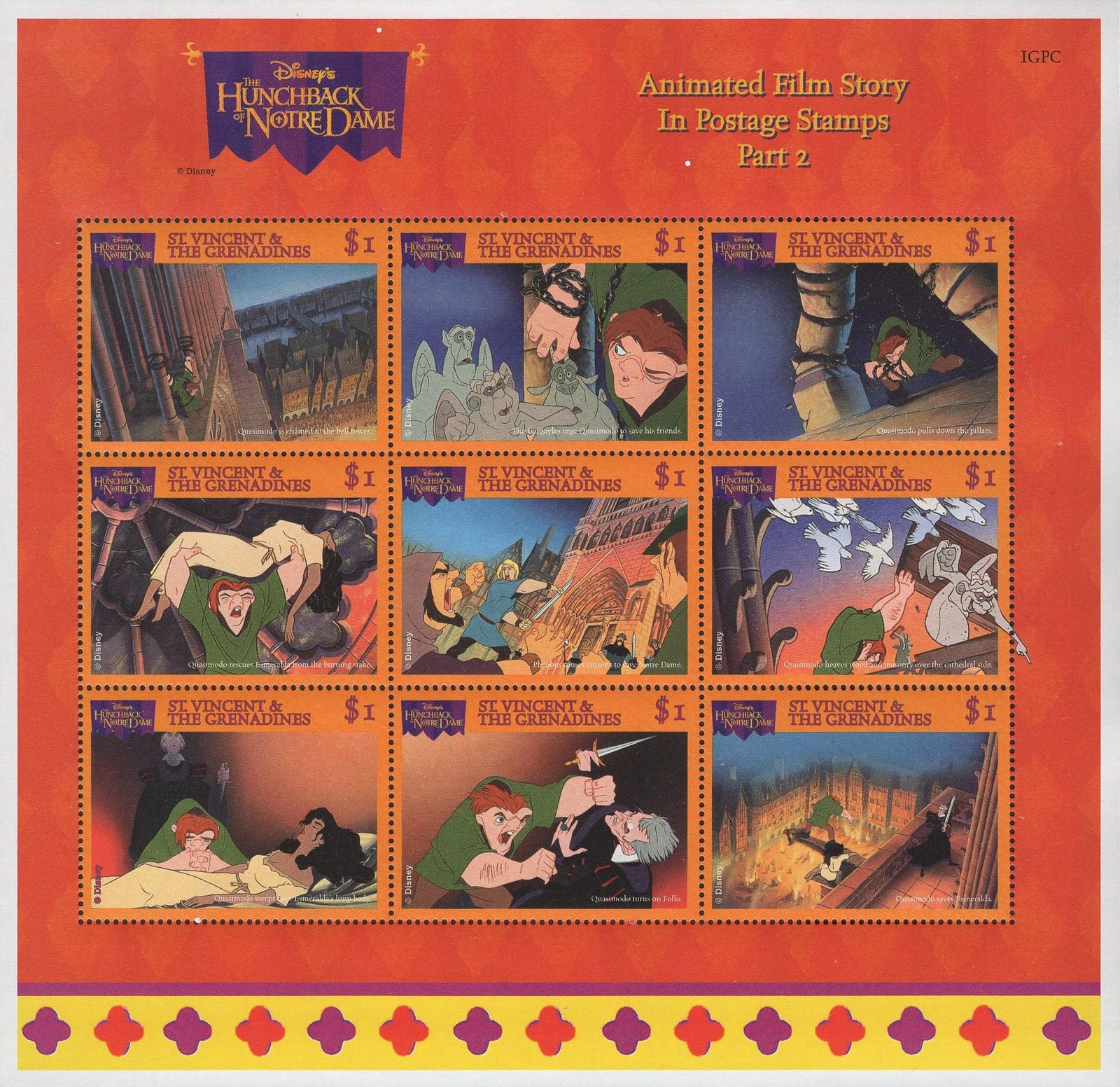St. Vincent Disney Hunchback Of Notre Dame Souvenir Sheet of 9 Stamps