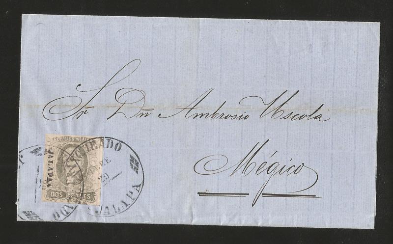 J) 1862 MEXICO, HIDALGO'S HEAD, 2 REALES, CIRCULATED COVER, FROM JALAPA TO MEXIC