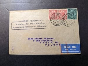 1934 British Nyasaland Airmail First Flight Cover FFC Blantyre to Paris France