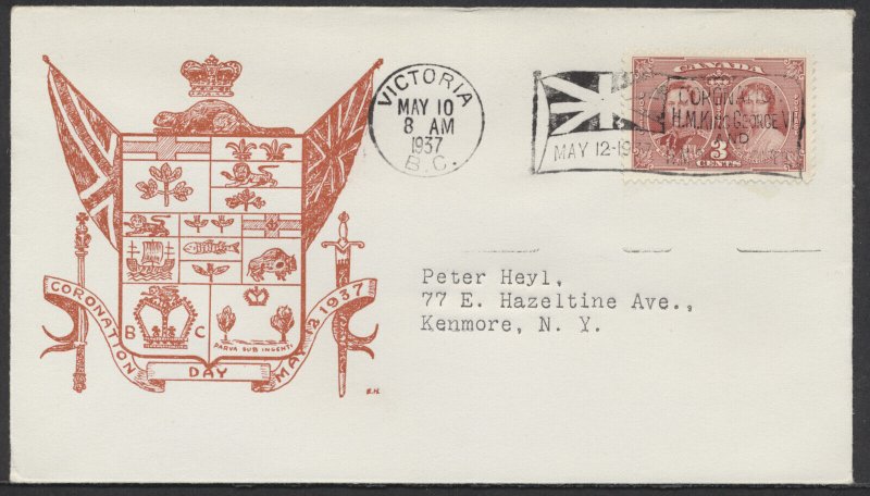 1937 #237 George VI Coronation FDC Eric Heyl Cachet Victoria BC Flag