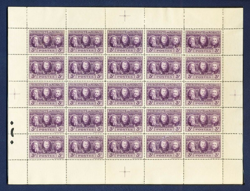 MONACO - 100-102 -  VF MNH sheets of 25 - Royalty - 1928  --  three scans