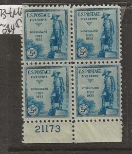UNITED STATES SC734  PLATE BLOCK OF 4  5C  KOSCIUSZKO      MNH     P0725D H