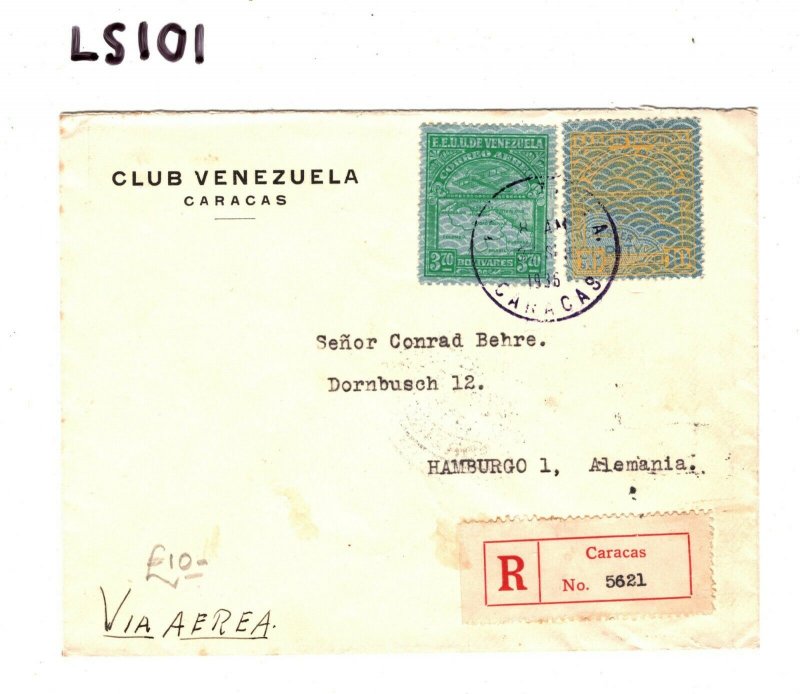 VENEZUELA Cover Caracas Registered Air Mail GERMANY Hamburg via USA 1936 LS101