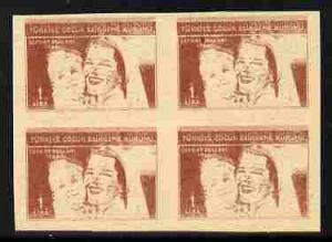 Turkey 1966 Child Welfare 1L imperf proof block of 4 in b...