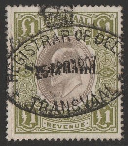 SWAZILAND 1904 'Swaziland' on KEVII Transvaal Revenue £1. Rare.