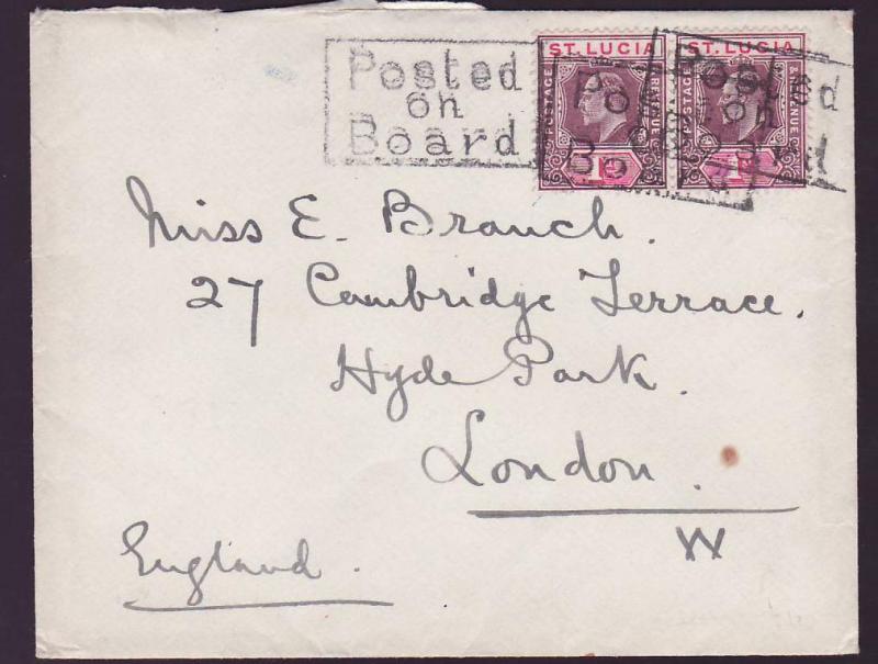 St Lucia Posted on Board handtsamp for London England Unusual Ship on cover