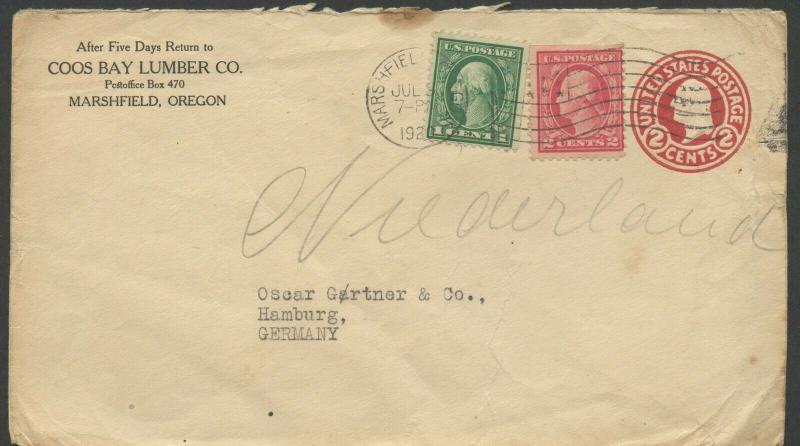 US MARSHFIELD, OR 7/3/1920 2 CENT UPRATED STAMPED ENVELOPE TO HAMBURG, GERMANY