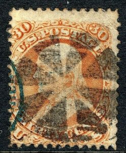 [S15]  US #100 Used 1861 F-Grilled 30c Franklin w/8-Wedge RADIAL Fancy Cancel