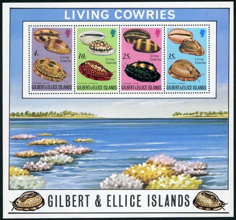 Gilbert & Ellice 241-44,244a sheet,MNH.Michel 236-239,Bl.2. Cowries,Shells,1975