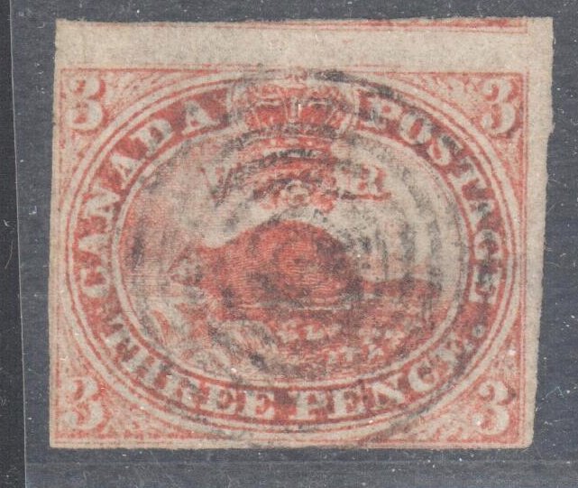 Canada Used #1 VF Big Upper Margin Beaver Imperforated C$1600.00 LAID LINES