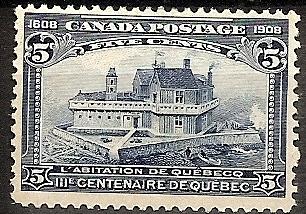 Canada   99 Mint OG 1908 5c Champlain's Home in Quebec