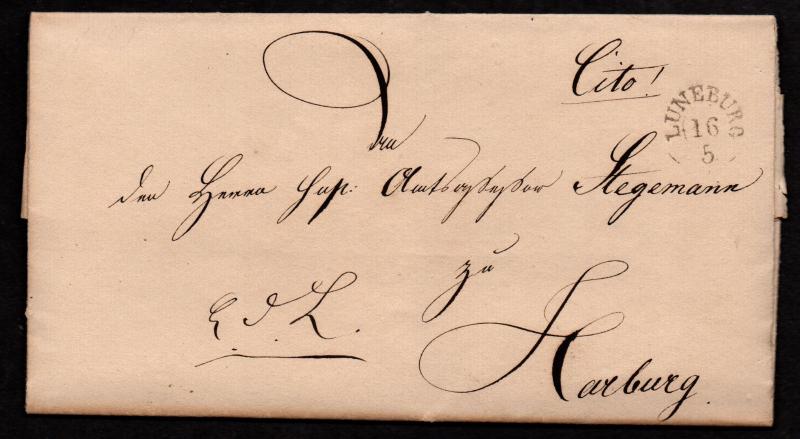 $German Stampless Cover, Luneburg-Harburg, full date (1842)