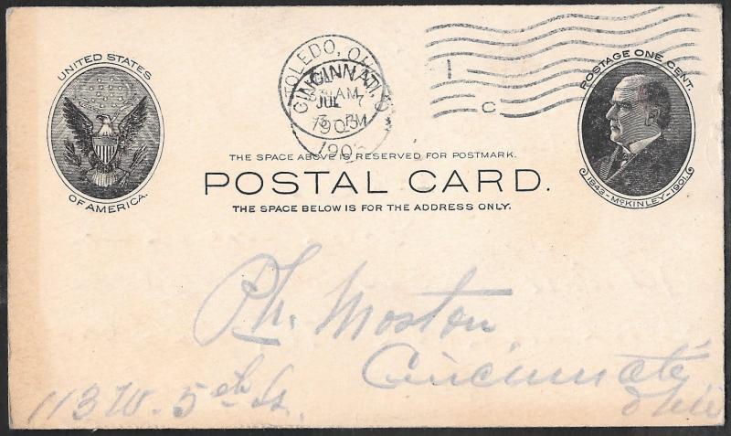 UX18 1 cent McKinley, oval Postal Card used F
